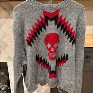 Skull Cashmere Gray Sweater with Red & Black Aztec Skull